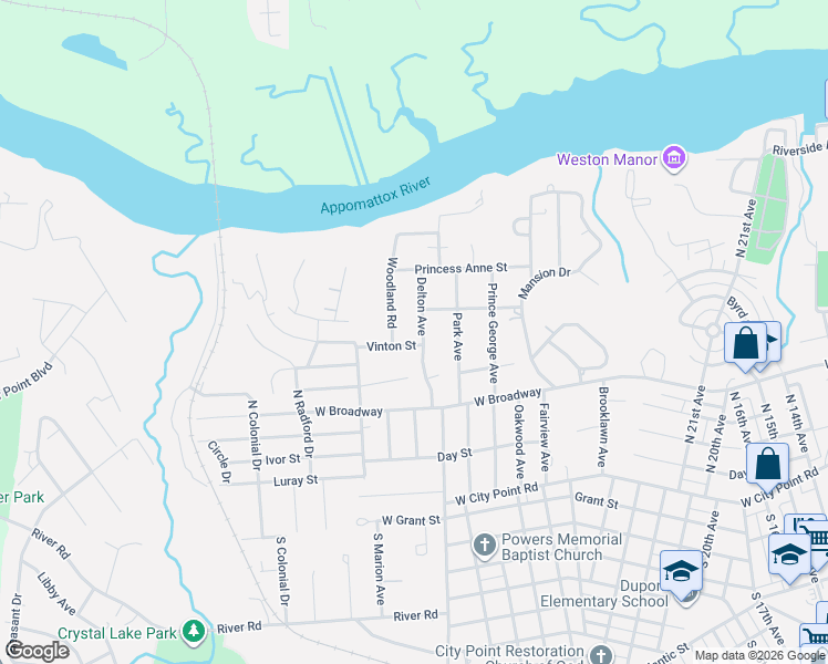 map of restaurants, bars, coffee shops, grocery stores, and more near 3200 Vinton Street in Hopewell