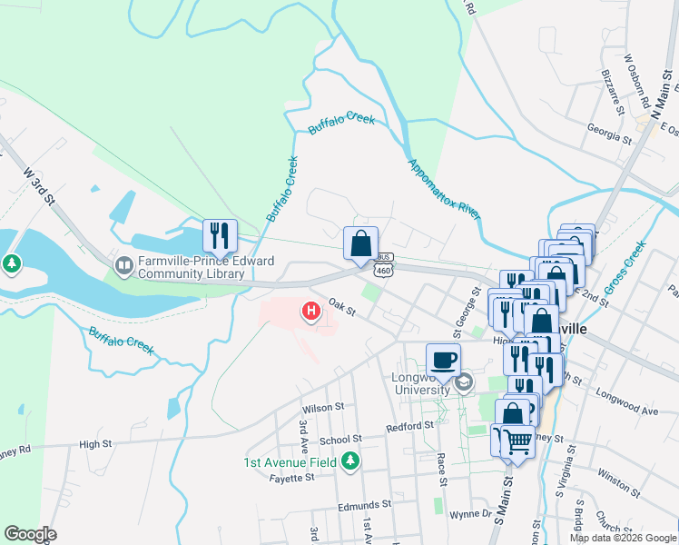 map of restaurants, bars, coffee shops, grocery stores, and more near 834 Oak Street in Farmville