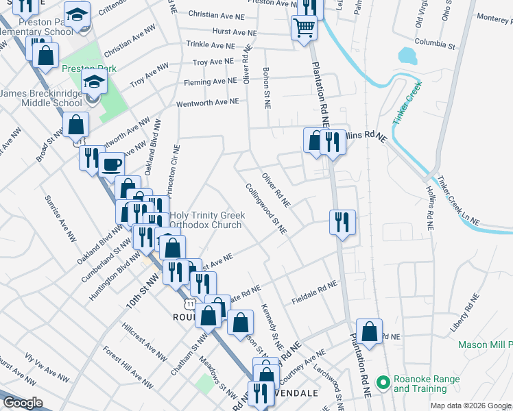 map of restaurants, bars, coffee shops, grocery stores, and more near 3229 Ellsworth Street Northeast in Roanoke