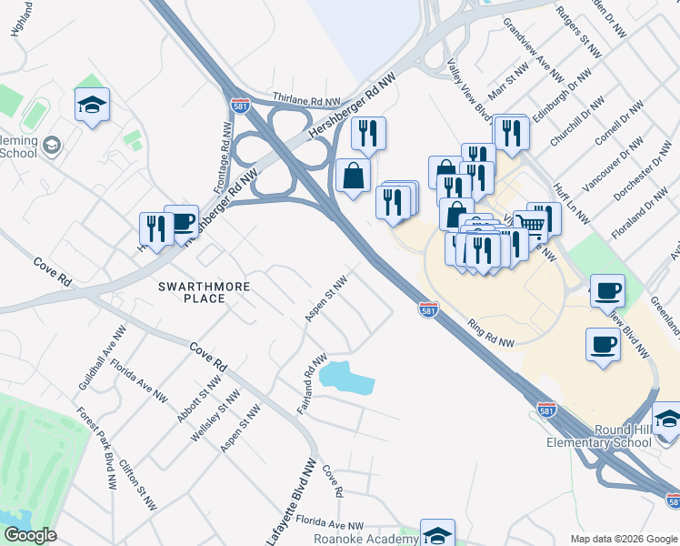 map of restaurants, bars, coffee shops, grocery stores, and more near 2752-2758 Meadowview Drive Northwest in Roanoke