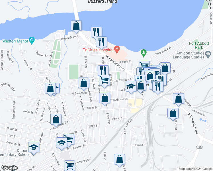 map of restaurants, bars, coffee shops, grocery stores, and more near 307 North 6th Avenue in Hopewell