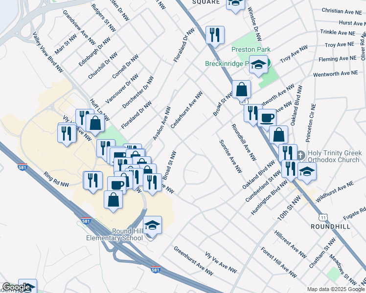 map of restaurants, bars, coffee shops, grocery stores, and more near 3818 Grandview Avenue Northwest in Roanoke