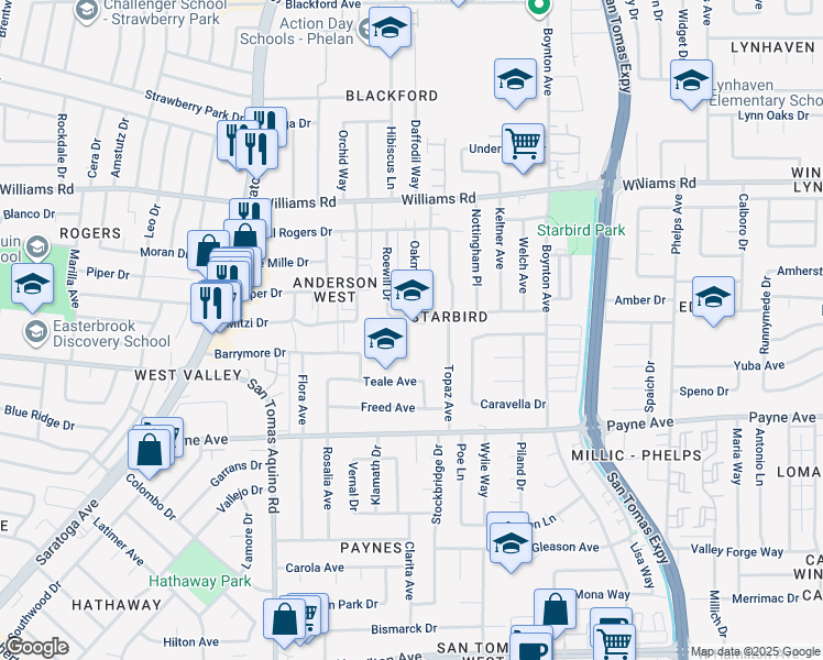 map of restaurants, bars, coffee shops, grocery stores, and more near 4000 Rhoda Drive in San Jose