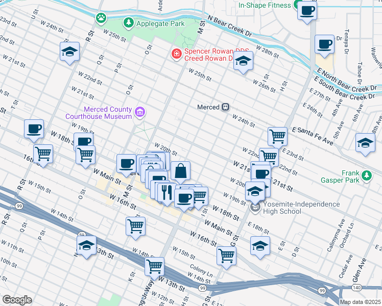 map of restaurants, bars, coffee shops, grocery stores, and more near 2024 K Street in Merced