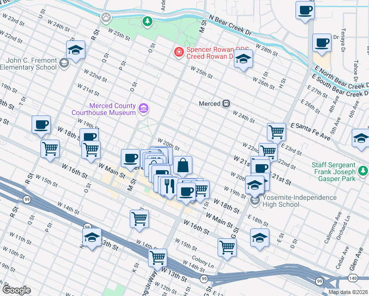 map of restaurants, bars, coffee shops, grocery stores, and more near 411 West 20th Street in Merced