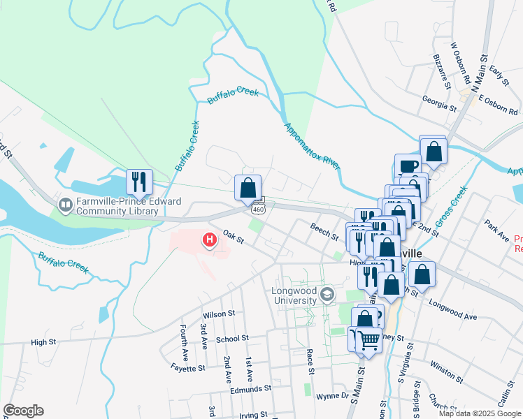 map of restaurants, bars, coffee shops, grocery stores, and more near 704 Buffalo Street in Farmville