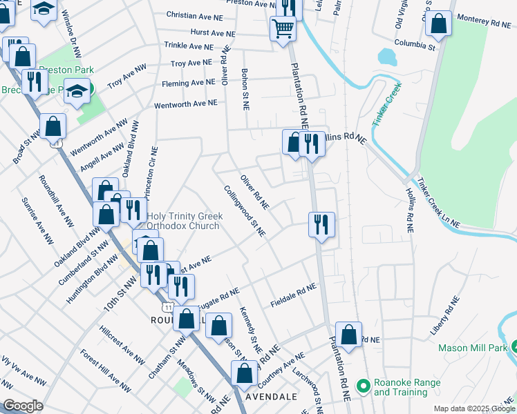 map of restaurants, bars, coffee shops, grocery stores, and more near 3224 Oliver Road Northeast in Roanoke