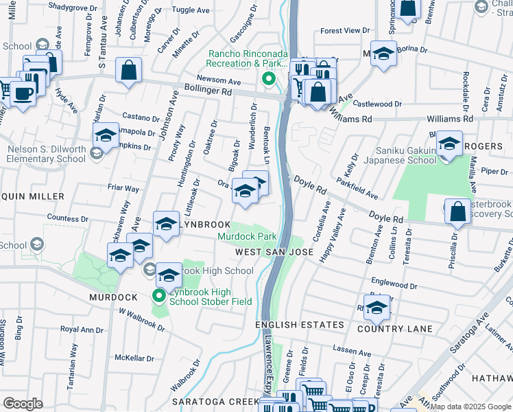 map of restaurants, bars, coffee shops, grocery stores, and more near 1188 Wunderlich Drive in San Jose