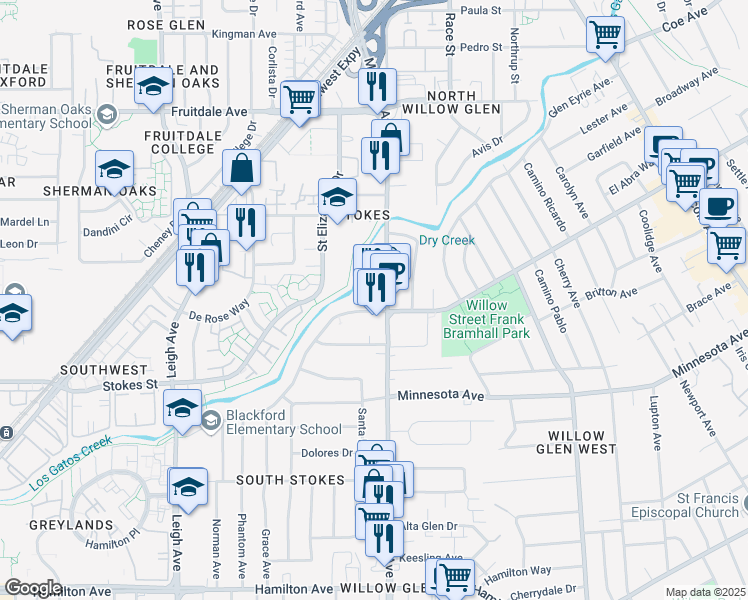 map of restaurants, bars, coffee shops, grocery stores, and more near 1035 Meridian Avenue in San Jose