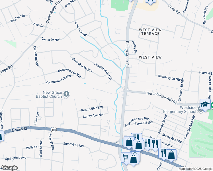 map of restaurants, bars, coffee shops, grocery stores, and more near 1509 Wilson Road Northwest in Roanoke