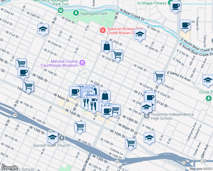 map of restaurants, bars, coffee shops, grocery stores, and more near 436 West 21st Street in Merced
