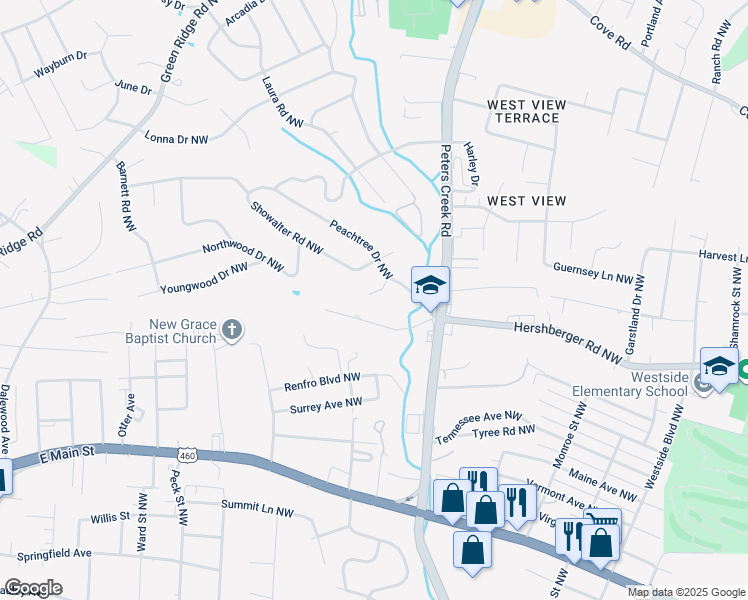 map of restaurants, bars, coffee shops, grocery stores, and more near 1509 Wilson Road Northwest in Roanoke