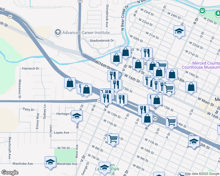 map of restaurants, bars, coffee shops, grocery stores, and more near 1193-1729 Auto Center Drive in Merced