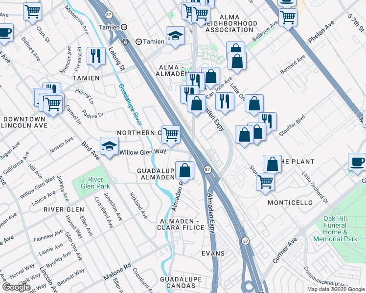 map of restaurants, bars, coffee shops, grocery stores, and more near 1758 Cross Way in San Jose