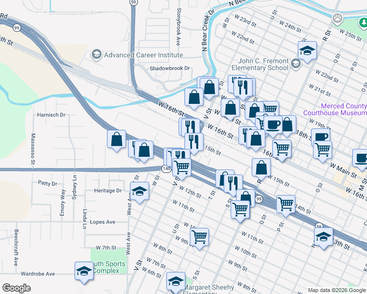 map of restaurants, bars, coffee shops, grocery stores, and more near 1525 West 14th Street in Merced