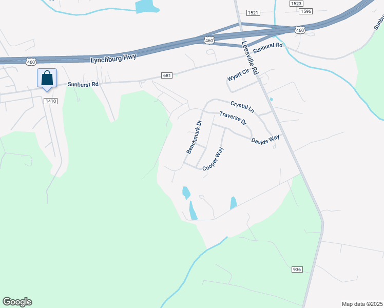 map of restaurants, bars, coffee shops, grocery stores, and more near Benchmark Drive in Evington