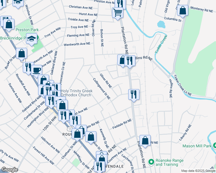 map of restaurants, bars, coffee shops, grocery stores, and more near 3224 Oliver Road Northeast in Roanoke