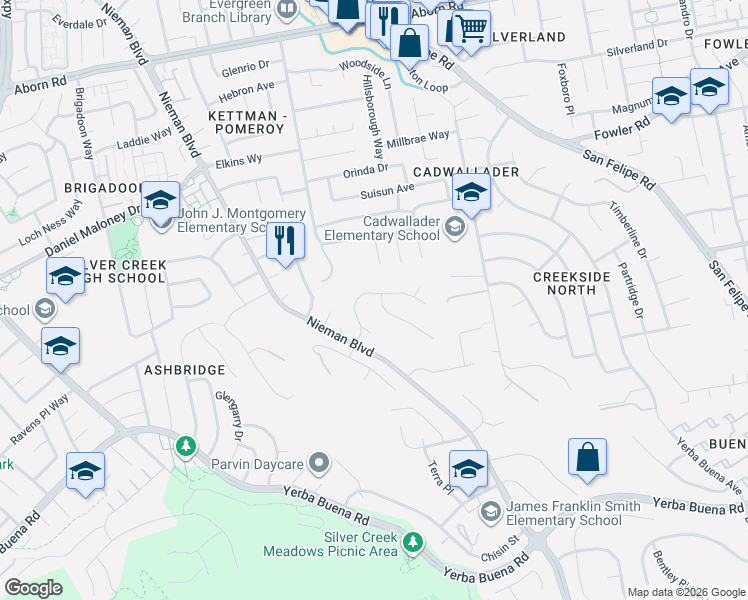 map of restaurants, bars, coffee shops, grocery stores, and more near 2647 Sequoia Creek Drive in San Jose