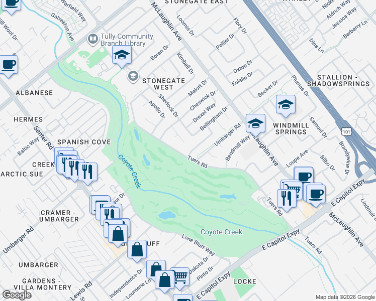 map of restaurants, bars, coffee shops, grocery stores, and more near 2740 Matthias Court in San Jose