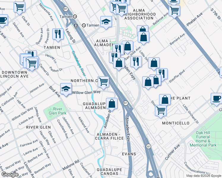 map of restaurants, bars, coffee shops, grocery stores, and more near 1758 Cross Way in San Jose