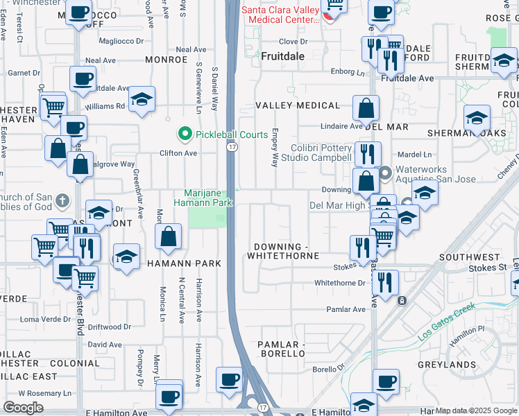 map of restaurants, bars, coffee shops, grocery stores, and more near 2550 Downing Avenue in San Jose
