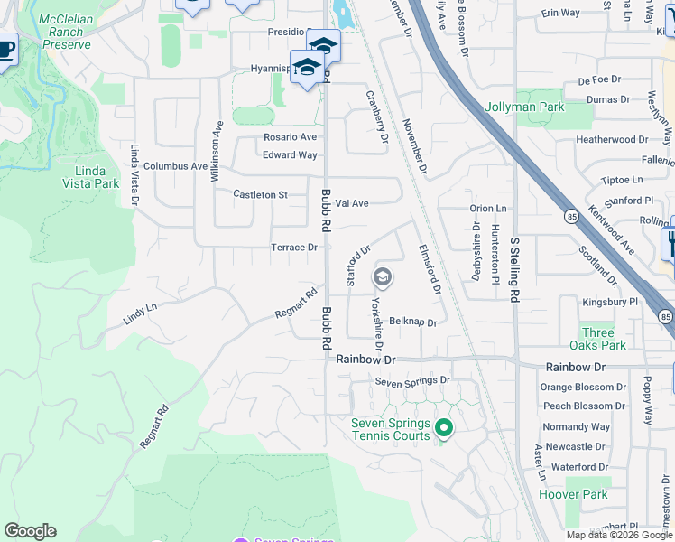 map of restaurants, bars, coffee shops, grocery stores, and more near 1122 Terrace Drive in Cupertino