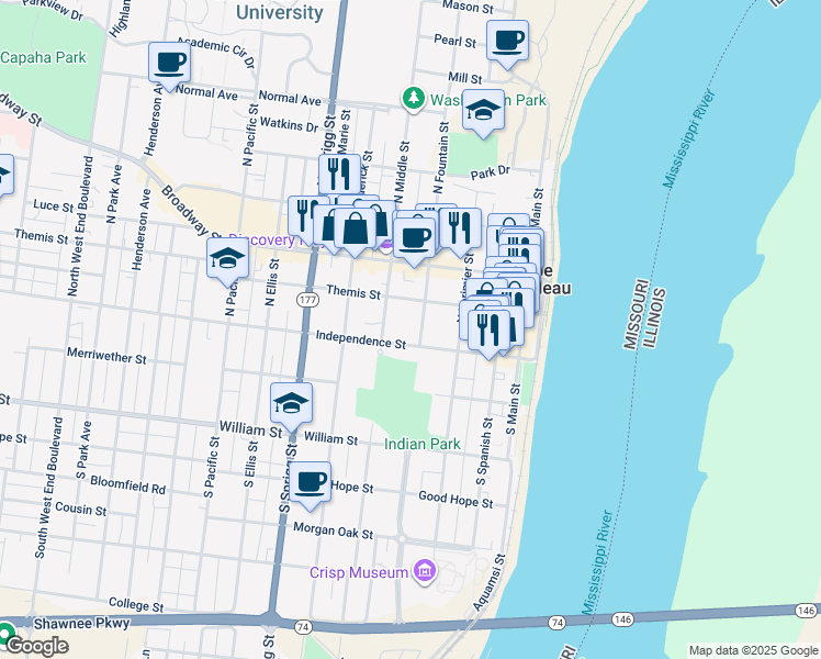 map of restaurants, bars, coffee shops, grocery stores, and more near 411 Themis Street in Cape Girardeau