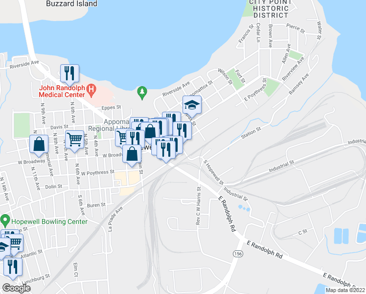 map of restaurants, bars, coffee shops, grocery stores, and more near 399 East Poythress Street in Hopewell