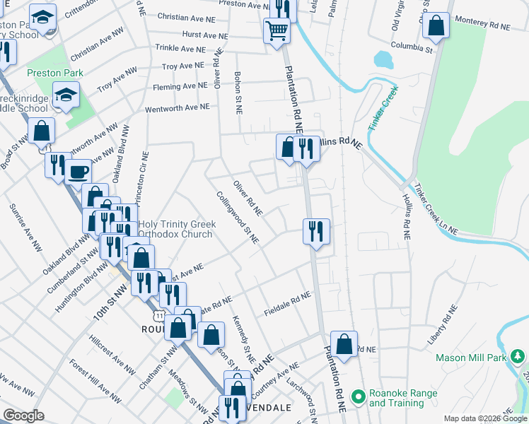map of restaurants, bars, coffee shops, grocery stores, and more near 513 Wingfield Avenue Northeast in Roanoke