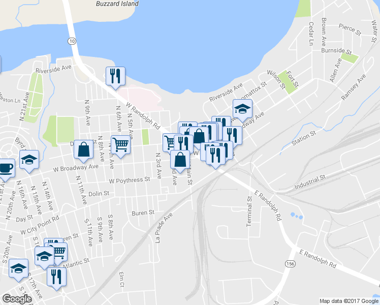 map of restaurants, bars, coffee shops, grocery stores, and more near  in Hopewell