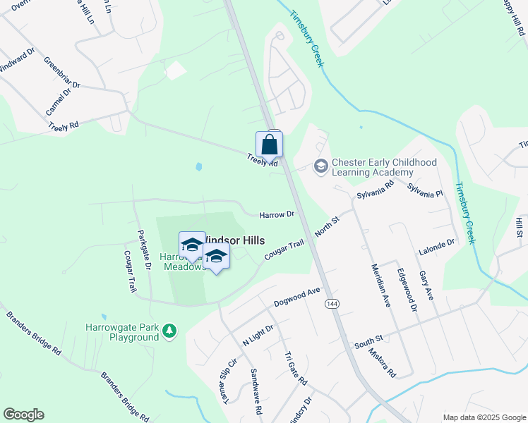 map of restaurants, bars, coffee shops, grocery stores, and more near 3736 Harrow Drive in Chester