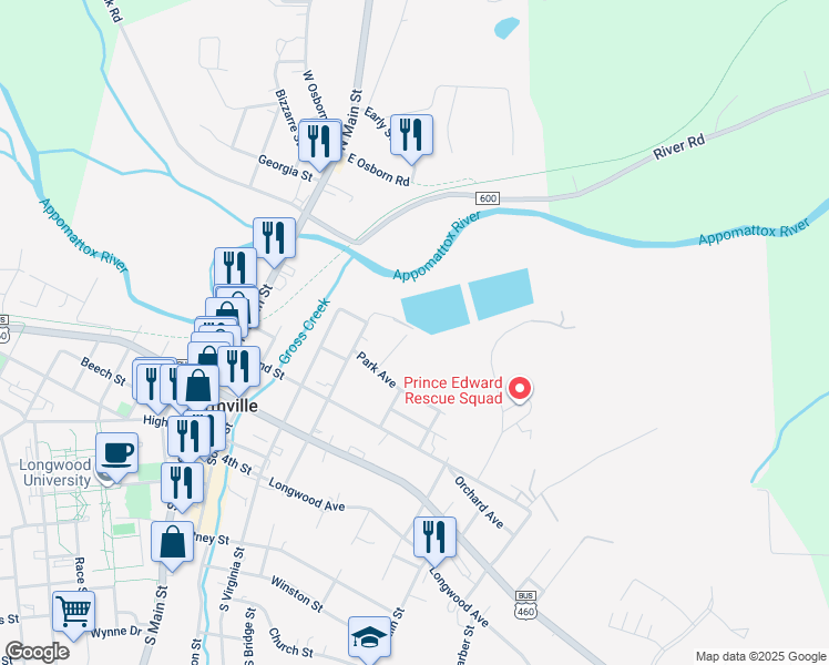map of restaurants, bars, coffee shops, grocery stores, and more near 500 Serpell Street in Farmville