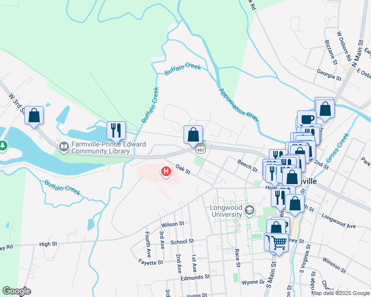 map of restaurants, bars, coffee shops, grocery stores, and more near 802 West 3rd Street in Farmville