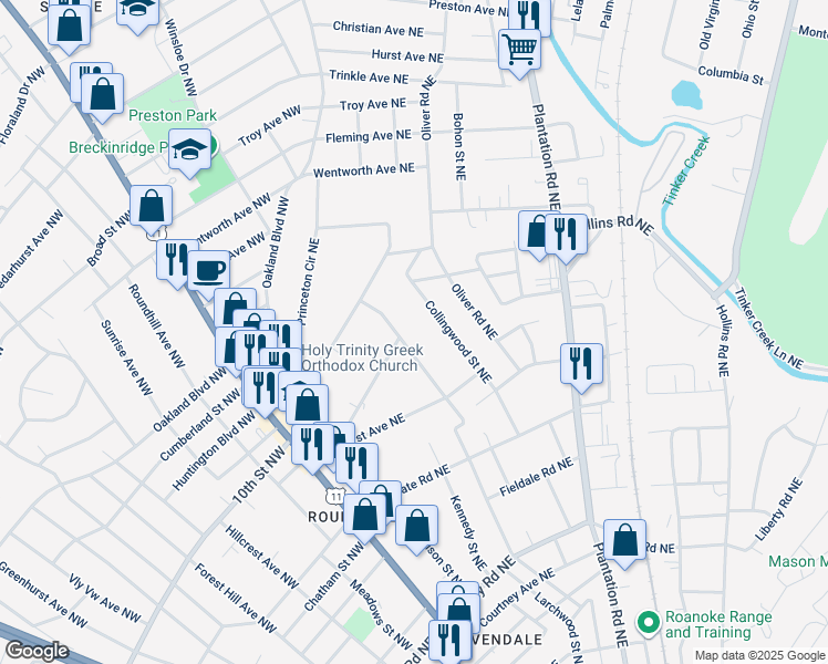 map of restaurants, bars, coffee shops, grocery stores, and more near 3261 Ellsworth Street Northeast in Roanoke