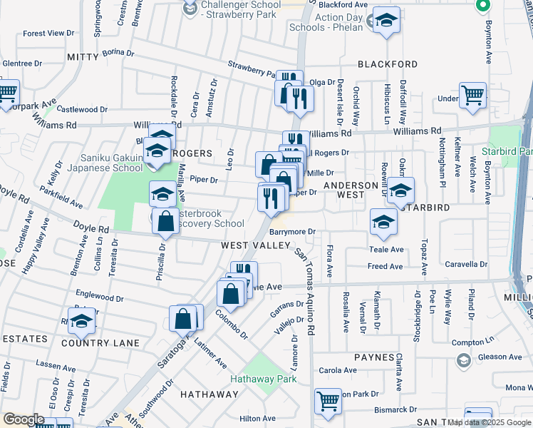 map of restaurants, bars, coffee shops, grocery stores, and more near 4425 Venice Way in San Jose