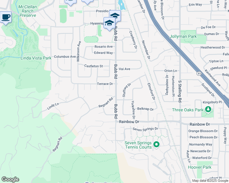 map of restaurants, bars, coffee shops, grocery stores, and more near 11257 Bubb Road in Cupertino