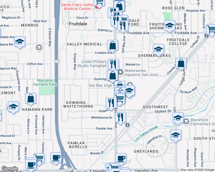 map of restaurants, bars, coffee shops, grocery stores, and more near 655 Eisenhower Drive in San Jose