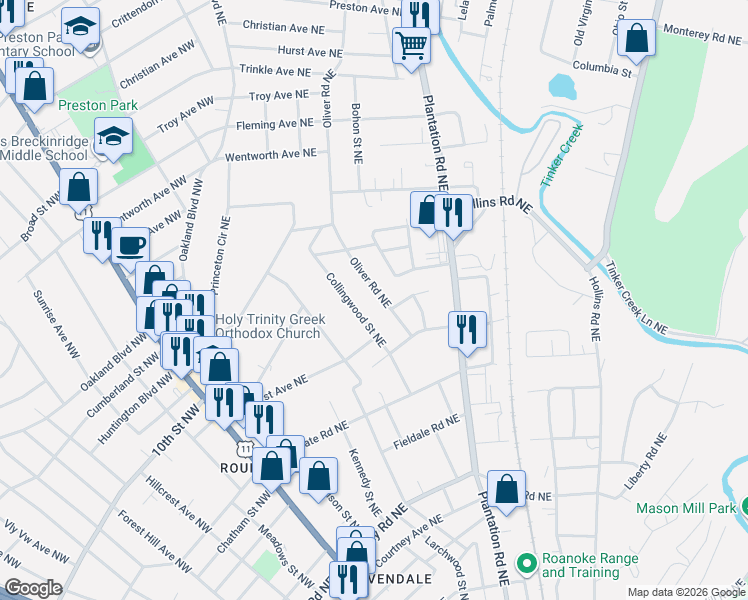 map of restaurants, bars, coffee shops, grocery stores, and more near 3239 Oliver Road Northeast in Roanoke