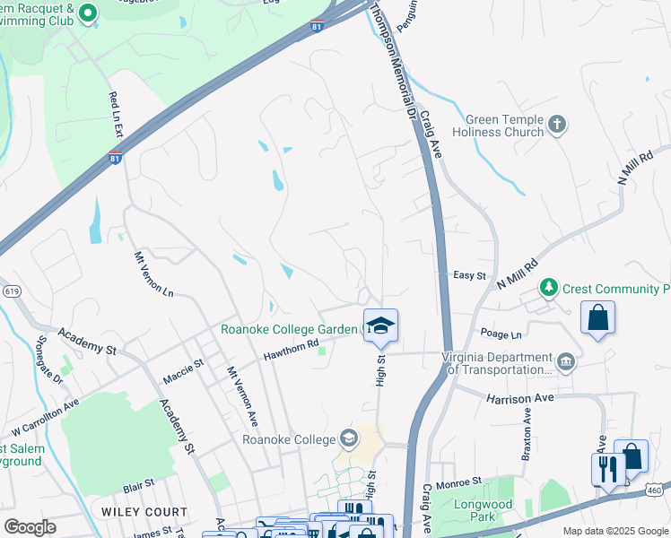 map of restaurants, bars, coffee shops, grocery stores, and more near Roundtop Place in Salem