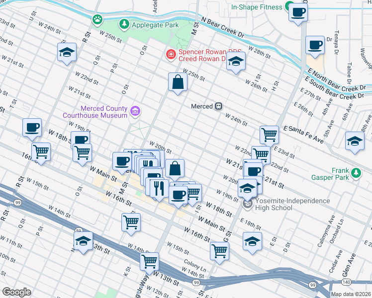 map of restaurants, bars, coffee shops, grocery stores, and more near 2030 K Street in Merced