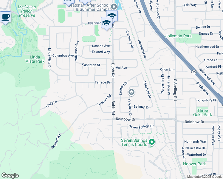 map of restaurants, bars, coffee shops, grocery stores, and more near 11257 Bubb Road in Cupertino