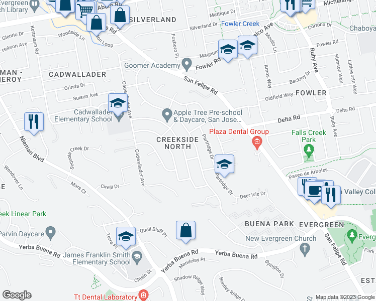 map of restaurants, bars, coffee shops, grocery stores, and more near 4052 Forestwood Drive in San Jose