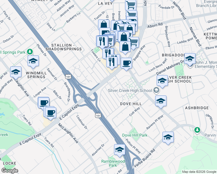 map of restaurants, bars, coffee shops, grocery stores, and more near 1520 East Capitol Expressway in San Jose