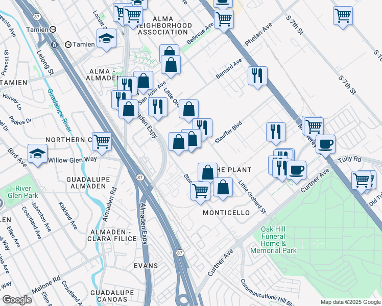 map of restaurants, bars, coffee shops, grocery stores, and more near 1850 Stone Avenue in San Jose