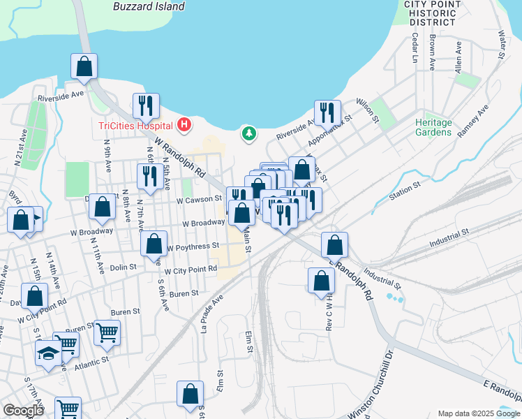 map of restaurants, bars, coffee shops, grocery stores, and more near 244 East Cawson Street in Hopewell