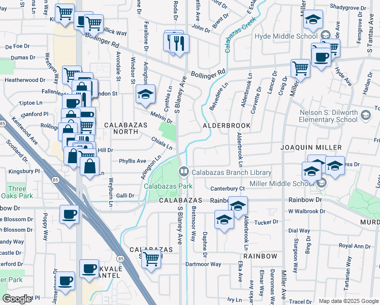 map of restaurants, bars, coffee shops, grocery stores, and more near 1118 South Blaney Avenue in San Jose