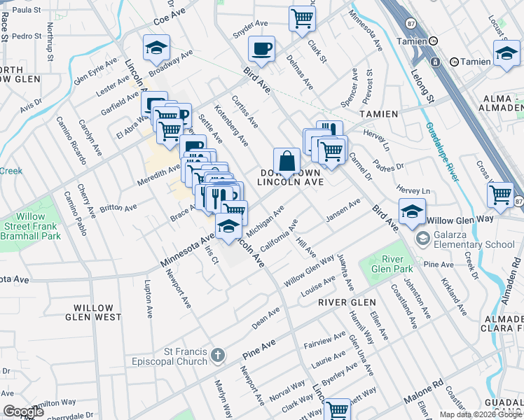 map of restaurants, bars, coffee shops, grocery stores, and more near 984 Minnesota Avenue in San Jose