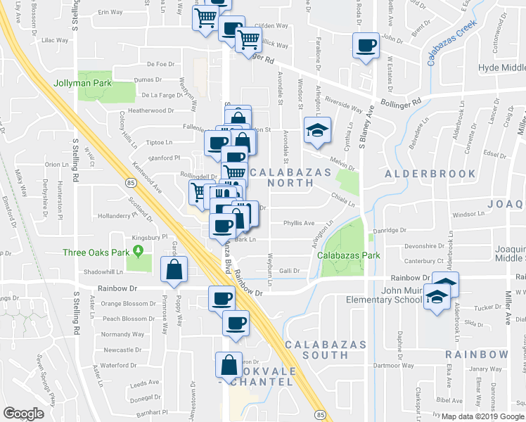 map of restaurants, bars, coffee shops, grocery stores, and more near 7146 Golden Gate Drive in San Jose