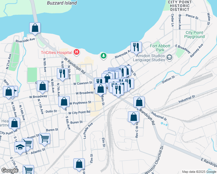 map of restaurants, bars, coffee shops, grocery stores, and more near 244 East Cawson Street in Hopewell