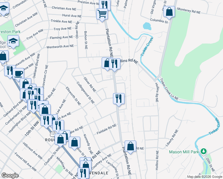 map of restaurants, bars, coffee shops, grocery stores, and more near 3222 Plantation Road Northeast in Roanoke